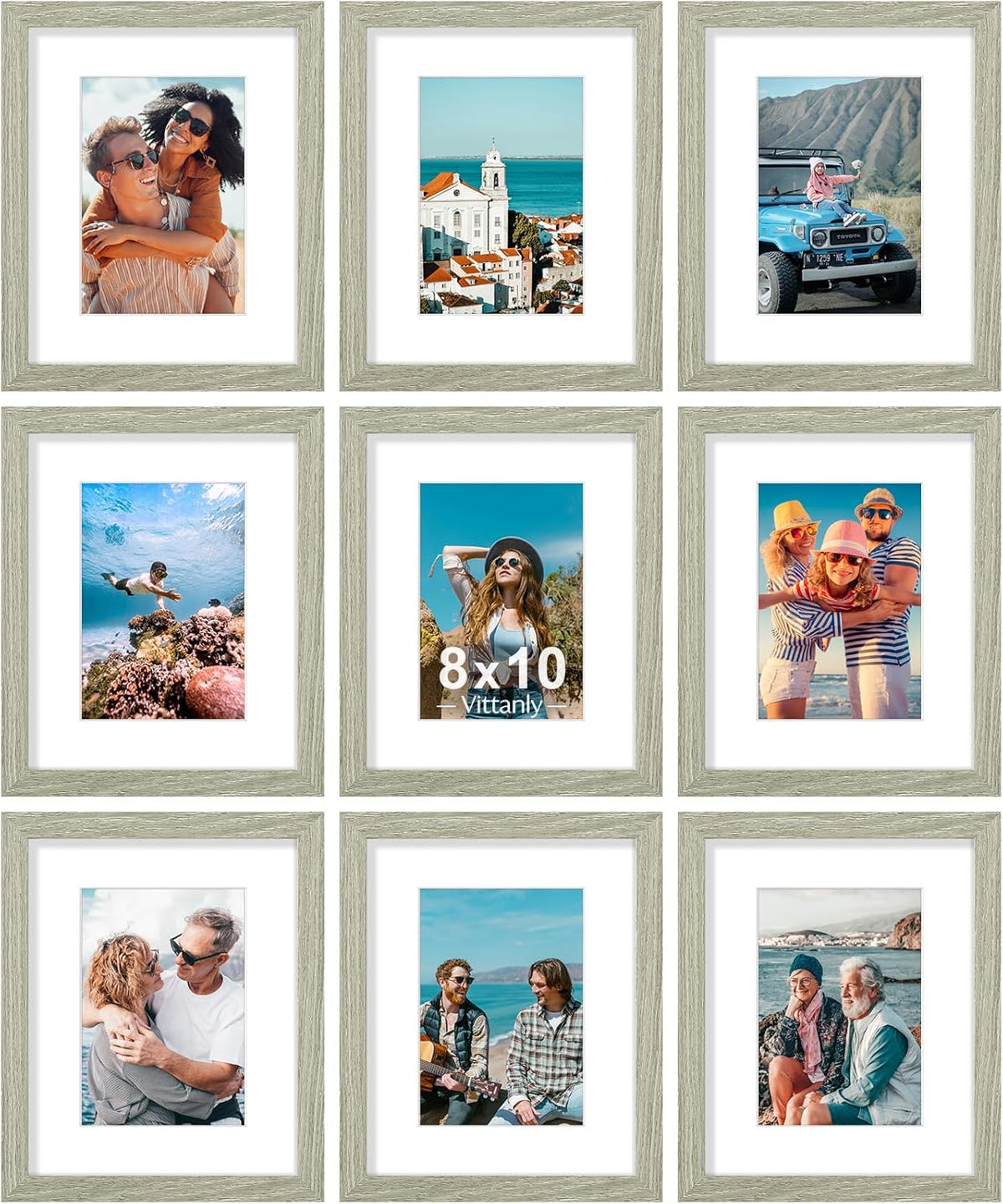 Vittanly 8x10 Picture Frames Set of 9, Shatter Resistant Plexiglass, Display 5x7 Pictures with Mat