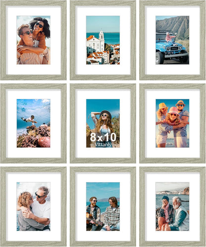 Vittanly 8x10 Picture Frames Set of 9, Shatter Resistant Plexiglass, Display 5x7 Pictures with Mat