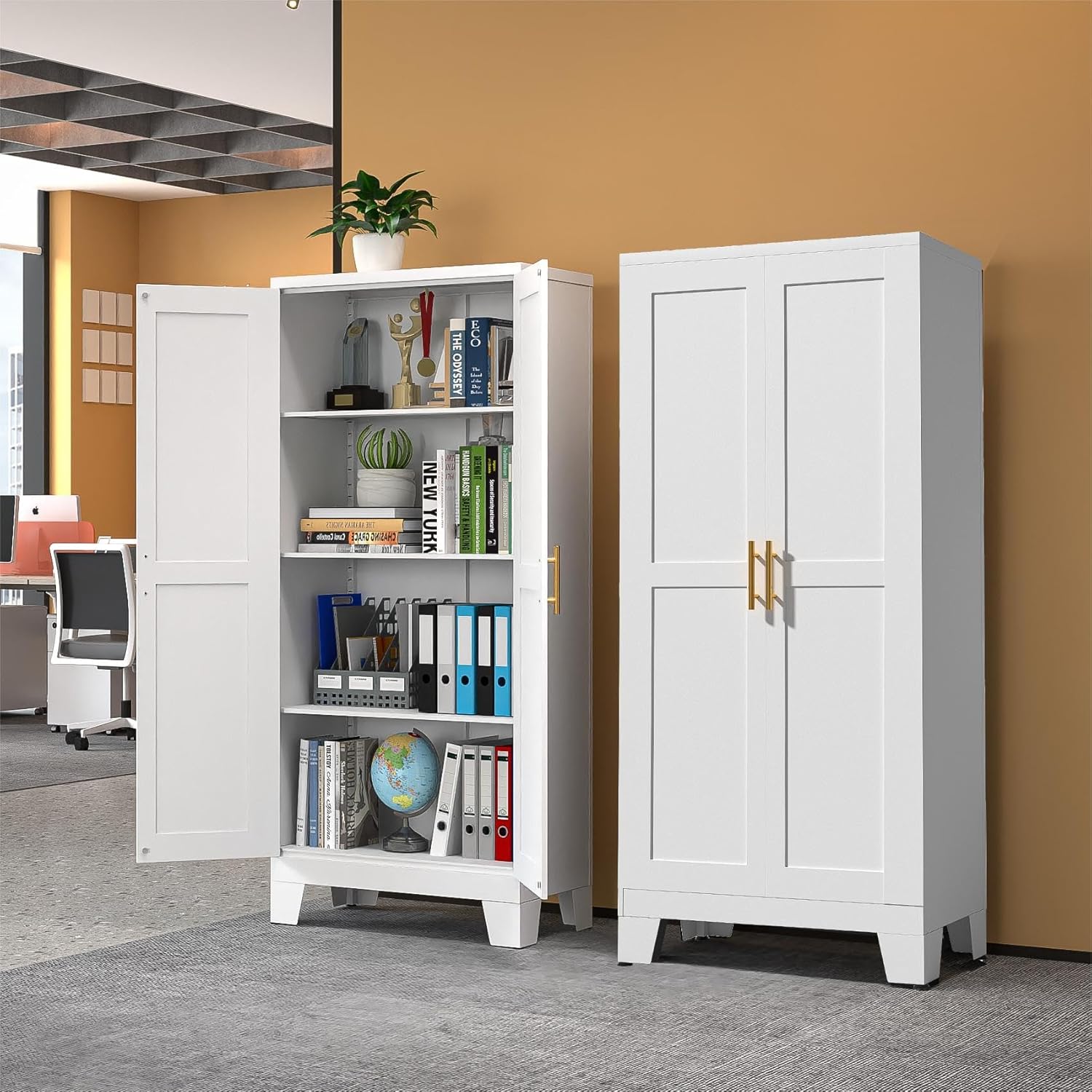 White Metal Storage Cabinet, 61" Steel Cabinets for Home Office, Kitchen Pantry Storage Cabinet
