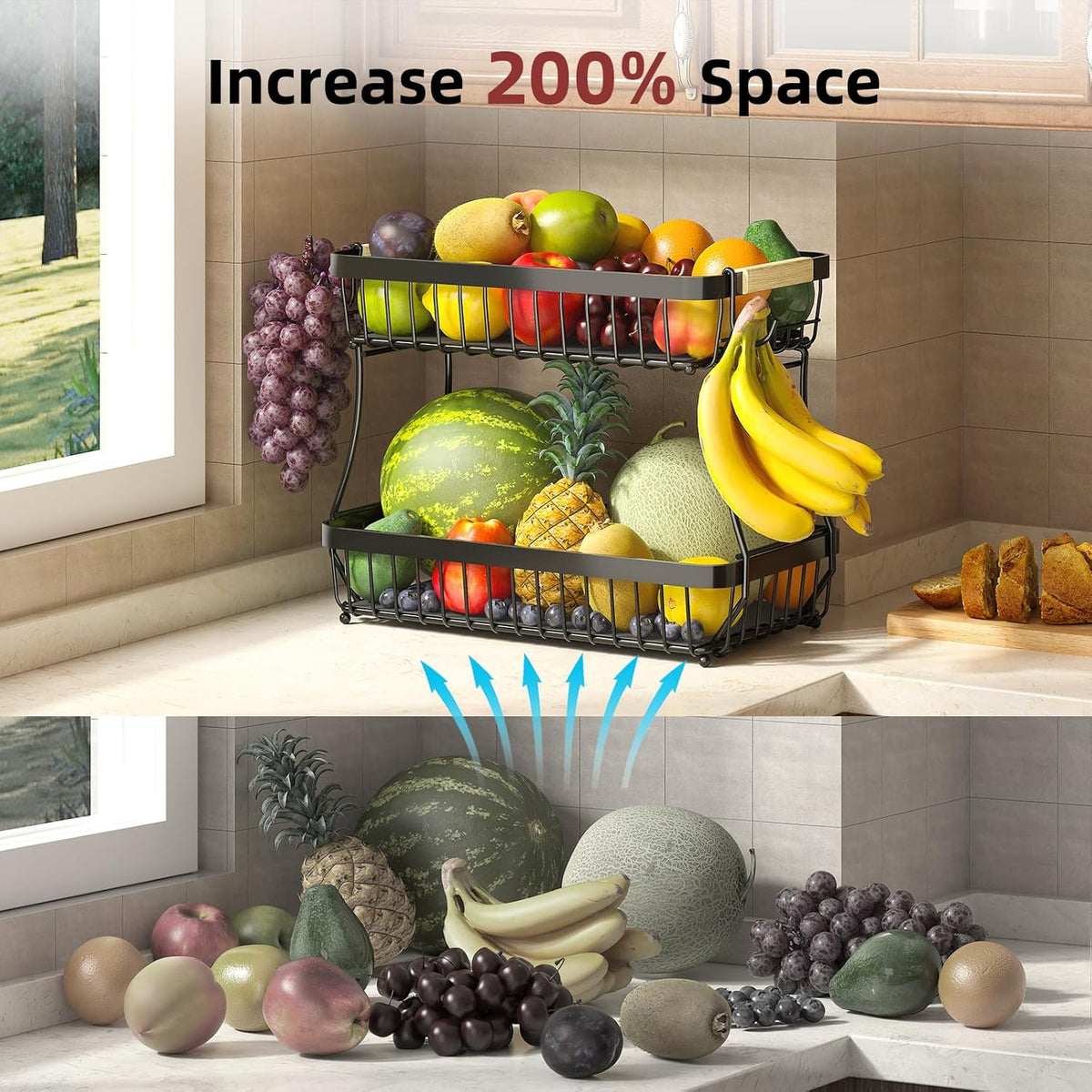 2 Tier Fruit Basket for Kitchen Counter with 2 Mobile Banana Hangers, 2025 Pro Detachable Metal