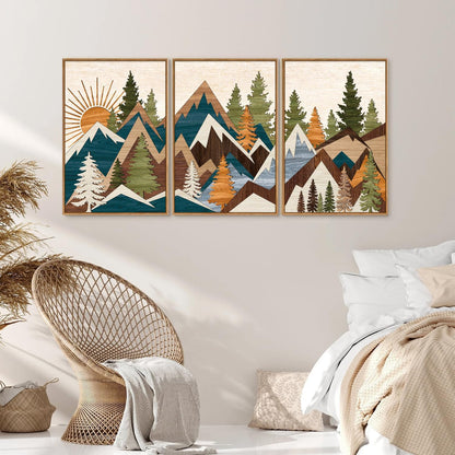 Tinonedraw Large Metal Mountain Framed Canvas Wall Art, Boho Rustic Sunrise Forest Wall Decor, 3