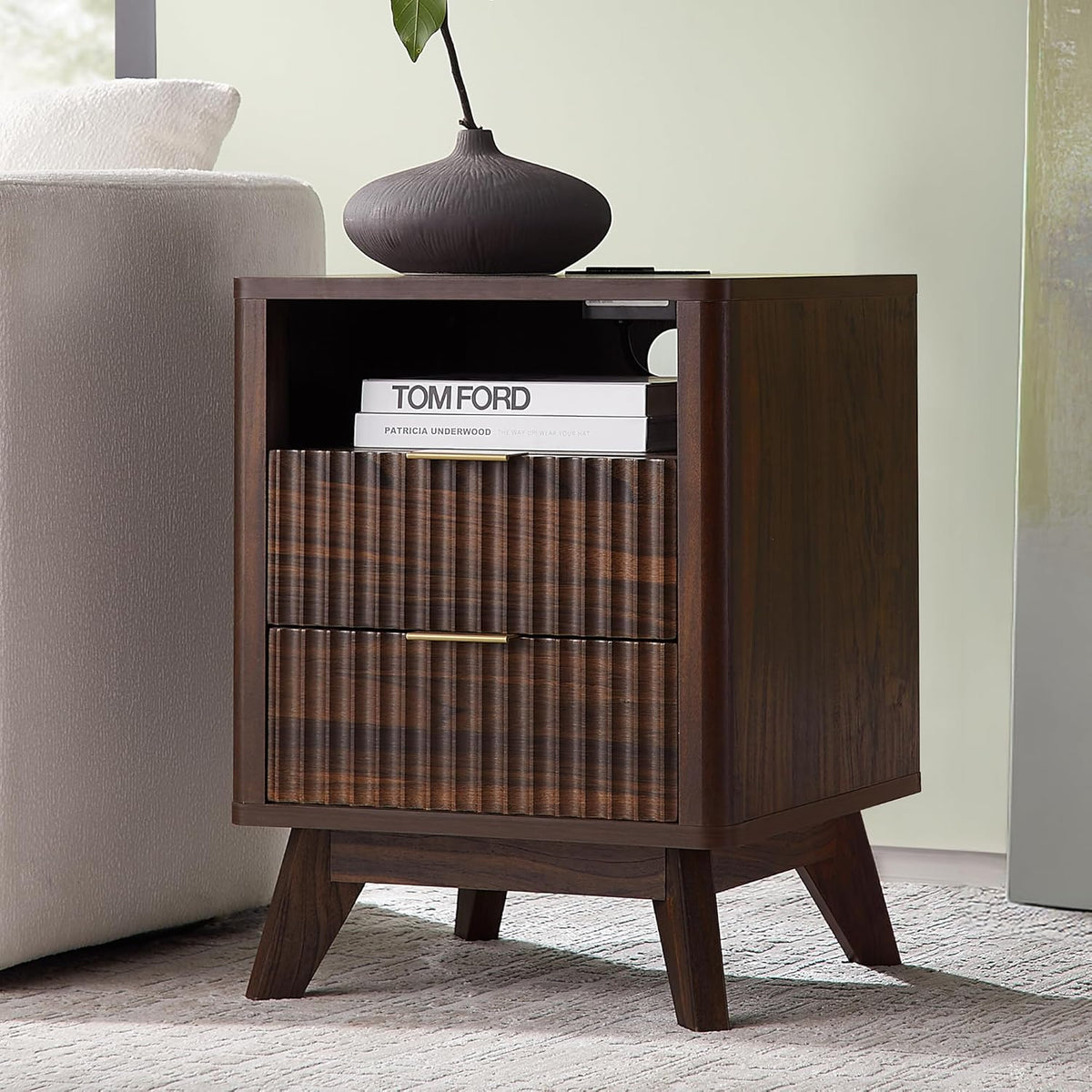 T4TREAM Fluted Nightstand with Charging Station, 18" Modern Side Table, 2 Drawers End Table with