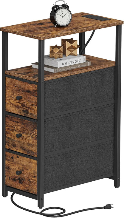 TUTOTAK Narrow Night Stand with Charging Station, Slim End Table with Plugins, Tall Side Table with