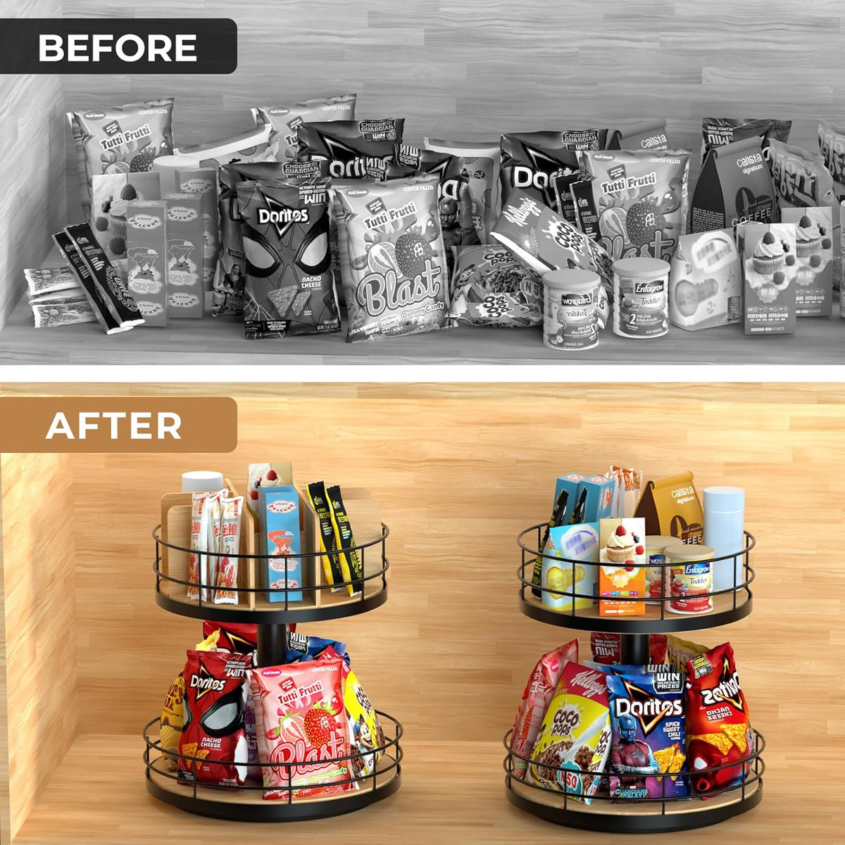Snack Organizer - Versatile Snack Storage 2 Tier Lazy Susan with Convenient Grab-and-Go Design