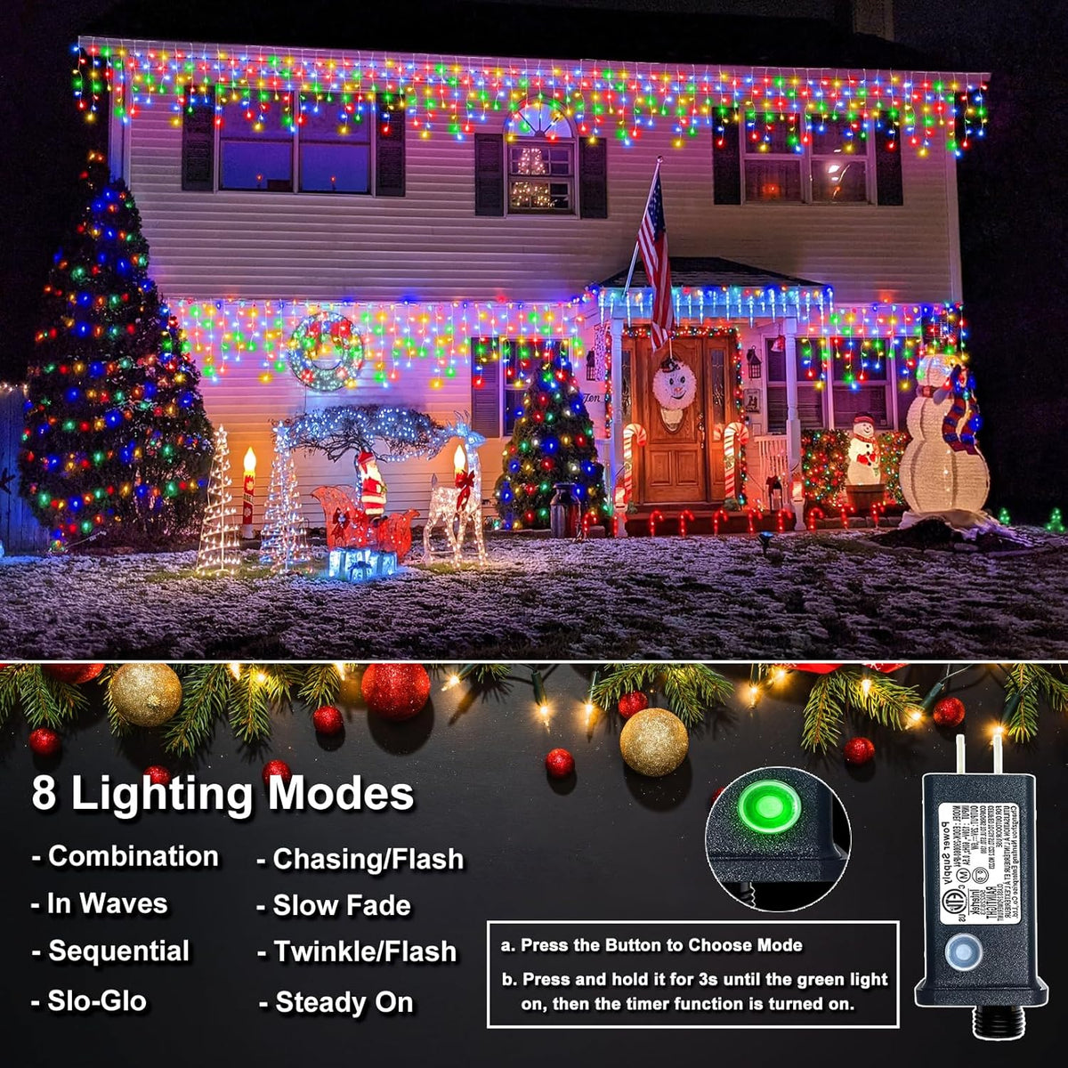 Icicle Lights for Outside, 33FT 400 LED Icicle Christmas Lights Outdoor Indoor with 8 Modes 75