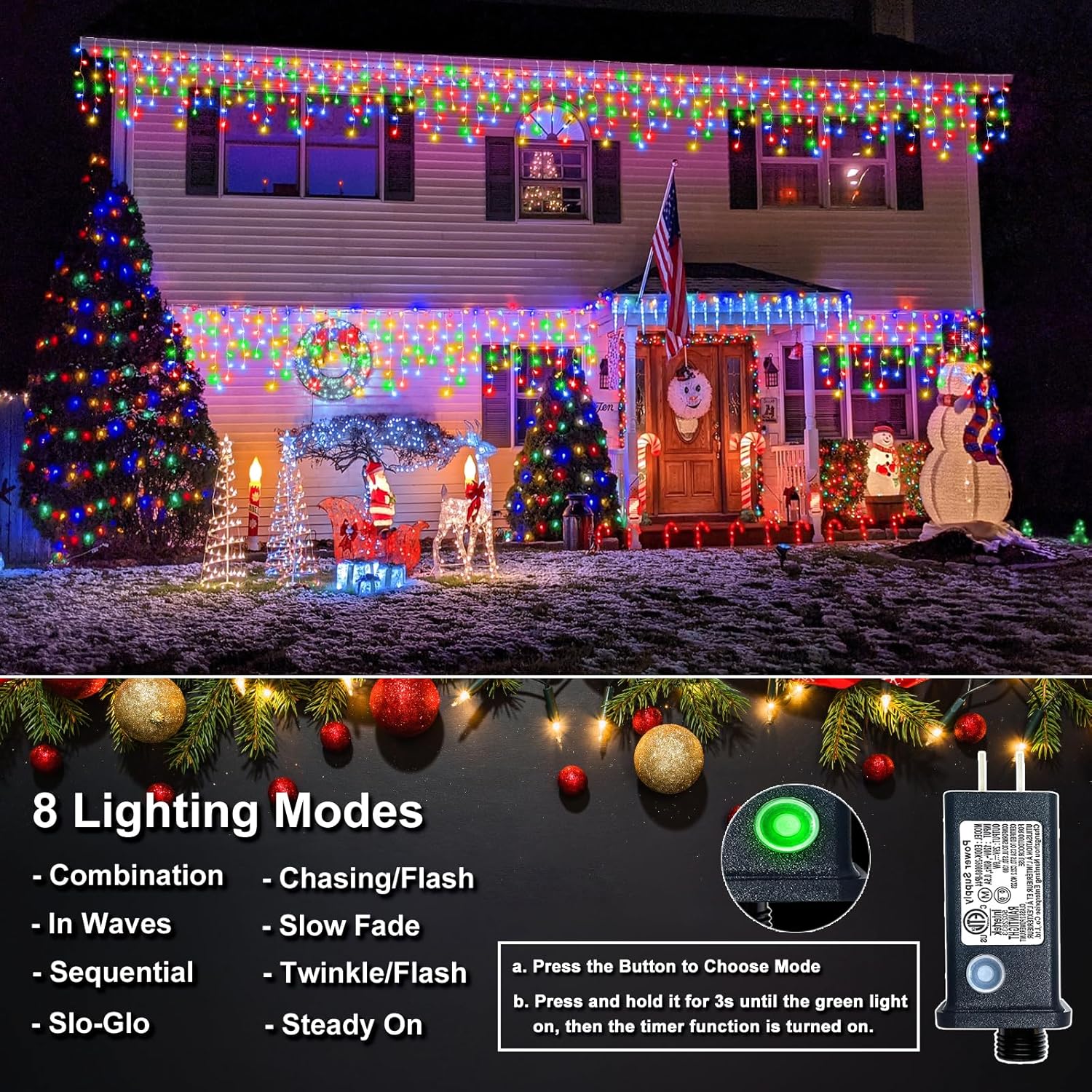 Icicle Lights for Outside, 33FT 400 LED Icicle Christmas Lights Outdoor Indoor with 8 Modes 75