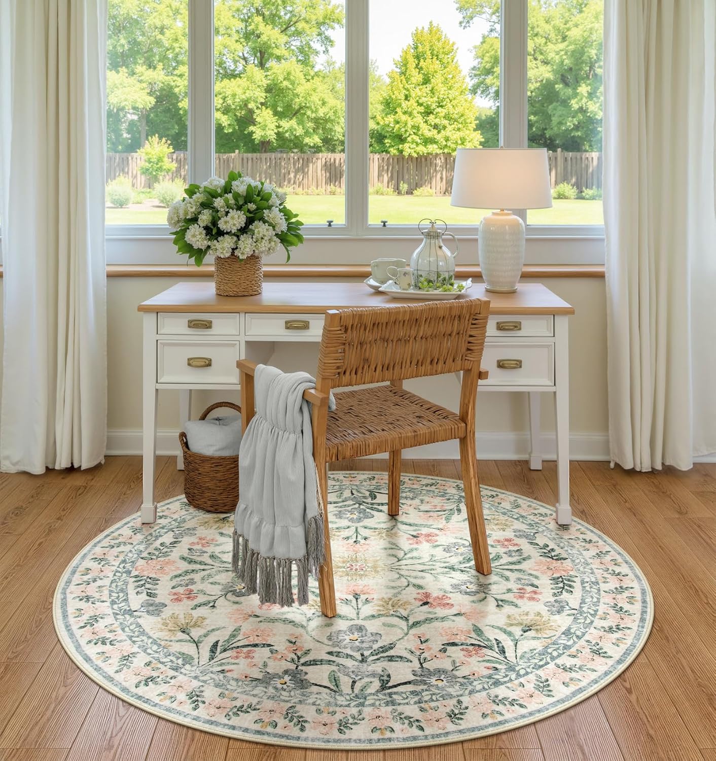Wonnitar Round Washable Rug, Soft Floral Round Rugs 5ft Circle Carpets for Bedroom Ultra-Thin, Boho