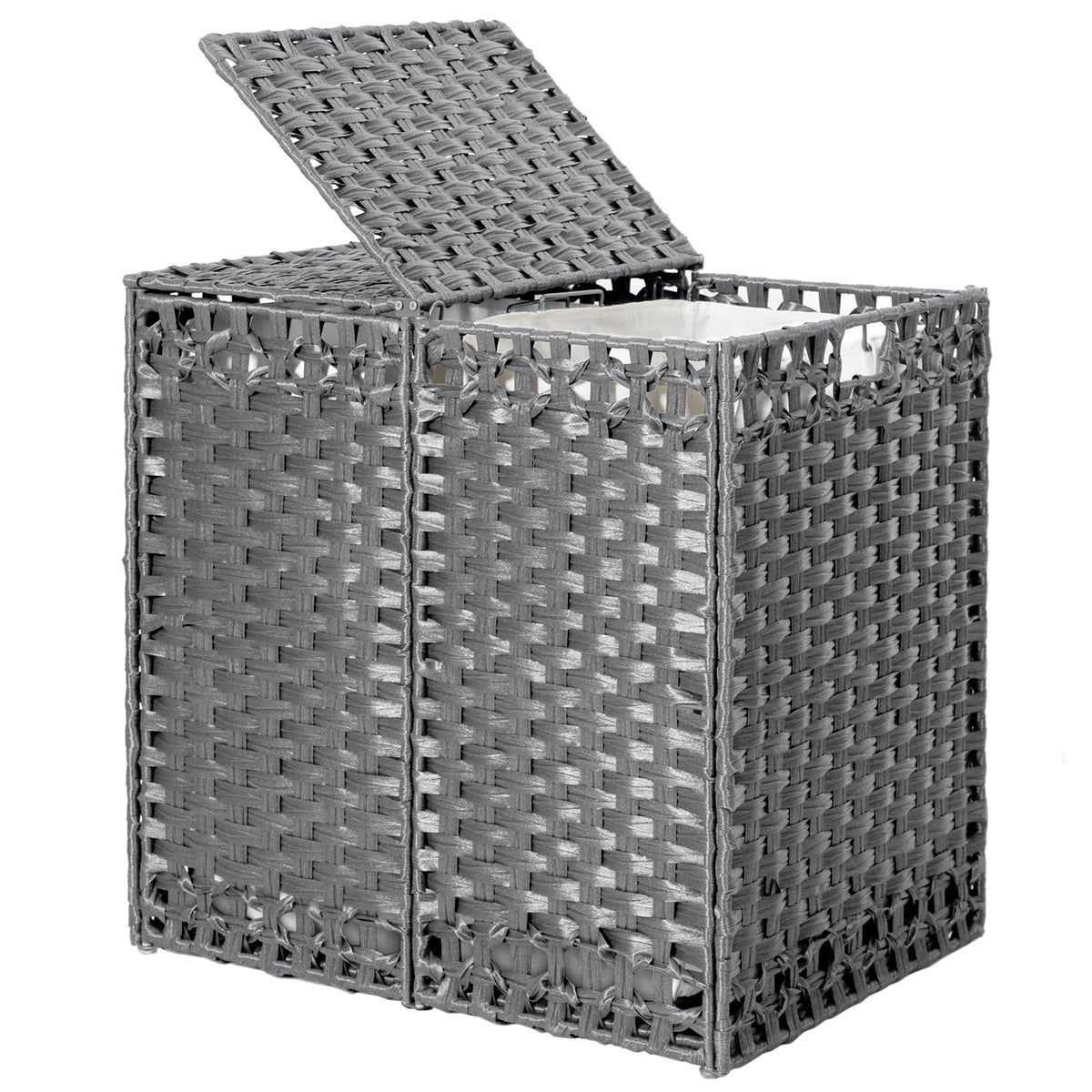 170L Foldable Laundry Hamper with Lid - Handwoven Rattan Storage Basket, 2-Section Clothes Hamper