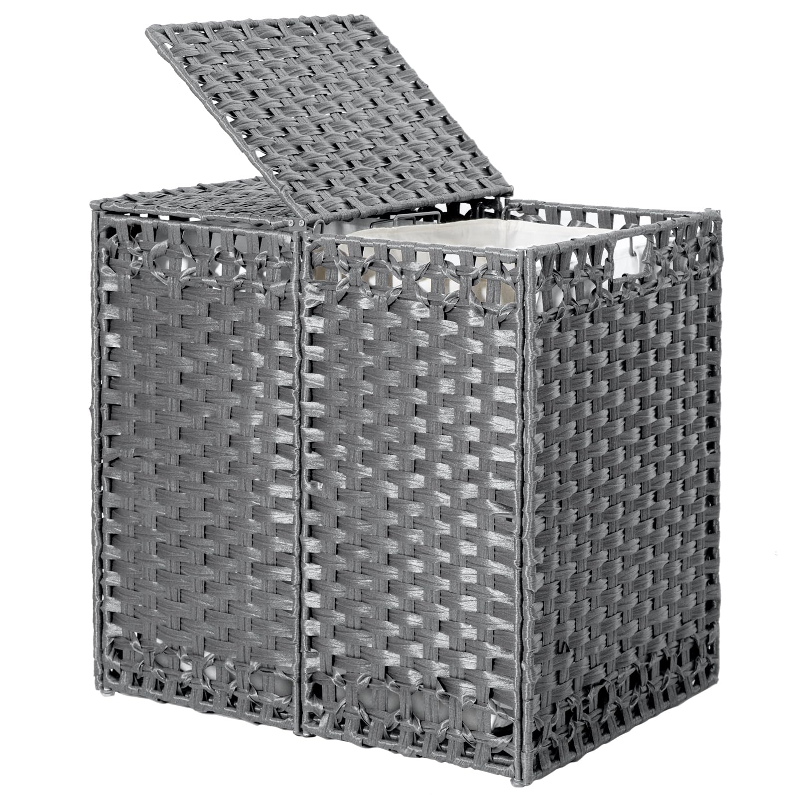 170L Foldable Laundry Hamper with Lid - Handwoven Rattan Storage Basket, 2-Section Clothes Hamper