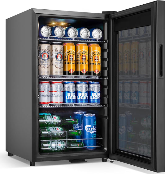Beverage Refrigerator Cooler, 17 Inch 120 Cans Freestanding Mini Fridge with Glass Door, Adjustable