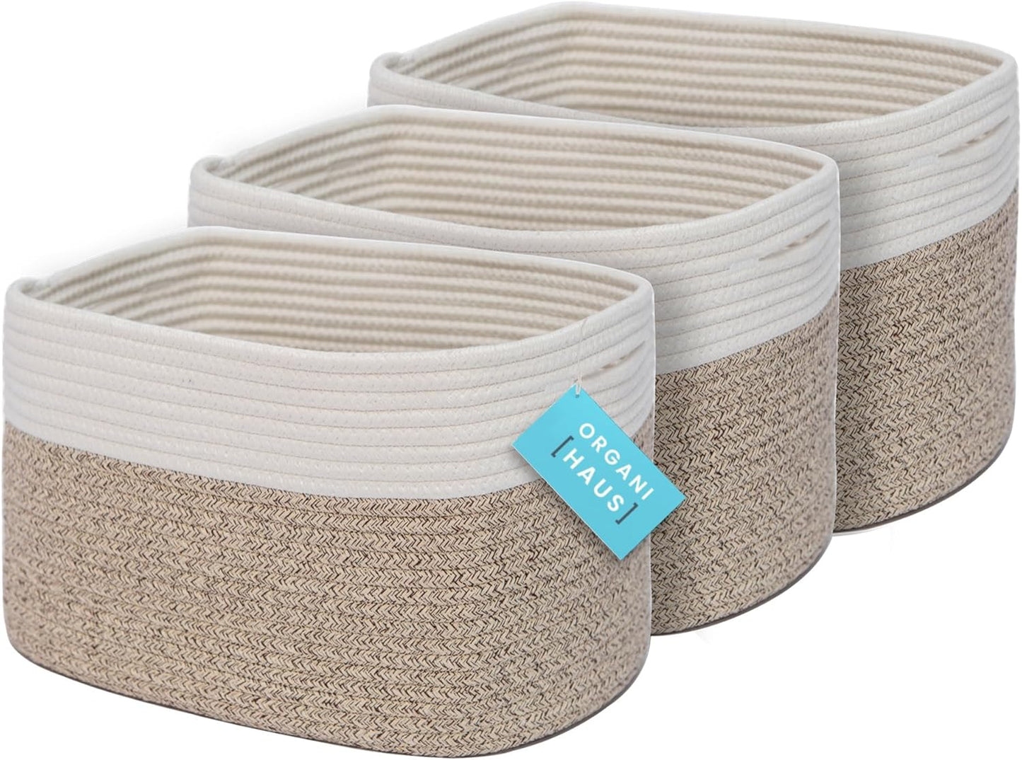 OrganiHaus Set of 3 Woven Storage Baskets for Organizing, Cotton Rope Organizer Bins for Shelves