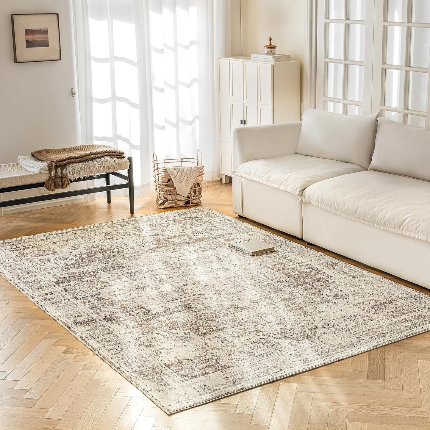 6'x9' Area Rug - Vintage Persian Medallion Design Low-Pile Faux Wool Rug, Non-Slip Backing, Machine