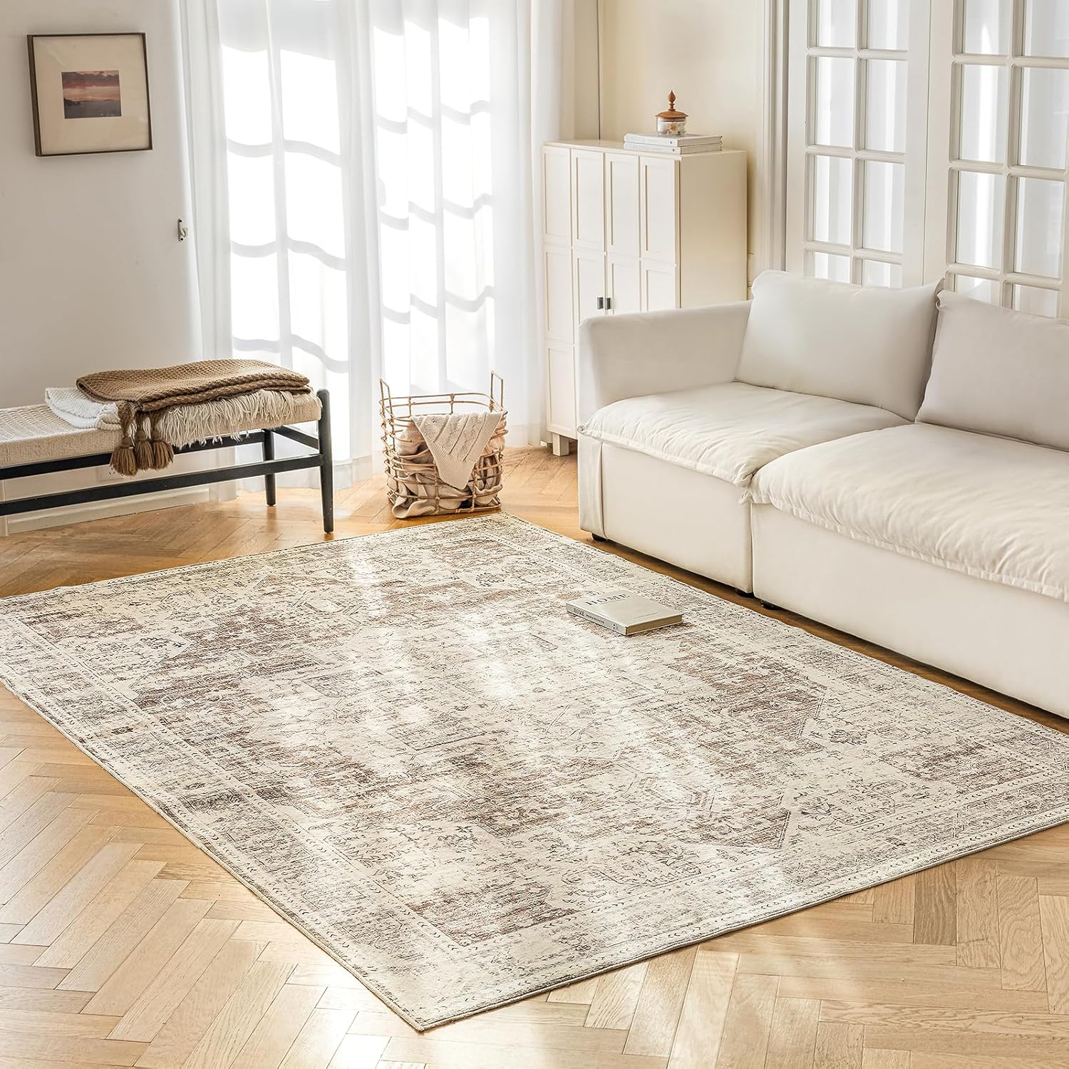 6'x9' Area Rug - Vintage Persian Medallion Design Low-Pile Faux Wool Rug, Non-Slip Backing, Machine