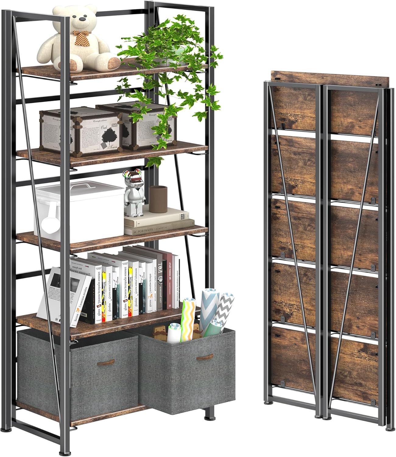 4NM No Assembly Foldable Bookshelf, 5-Shelf Collapsible Bookcase Storage for Small Spaces, 62.2" H