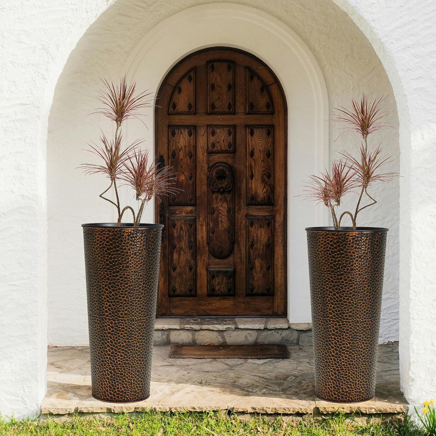 Worth Garden 2-Pack 28" H. Metal Planters with 2X Inside Pots - Hand-Hammered Texture Tall Narrow