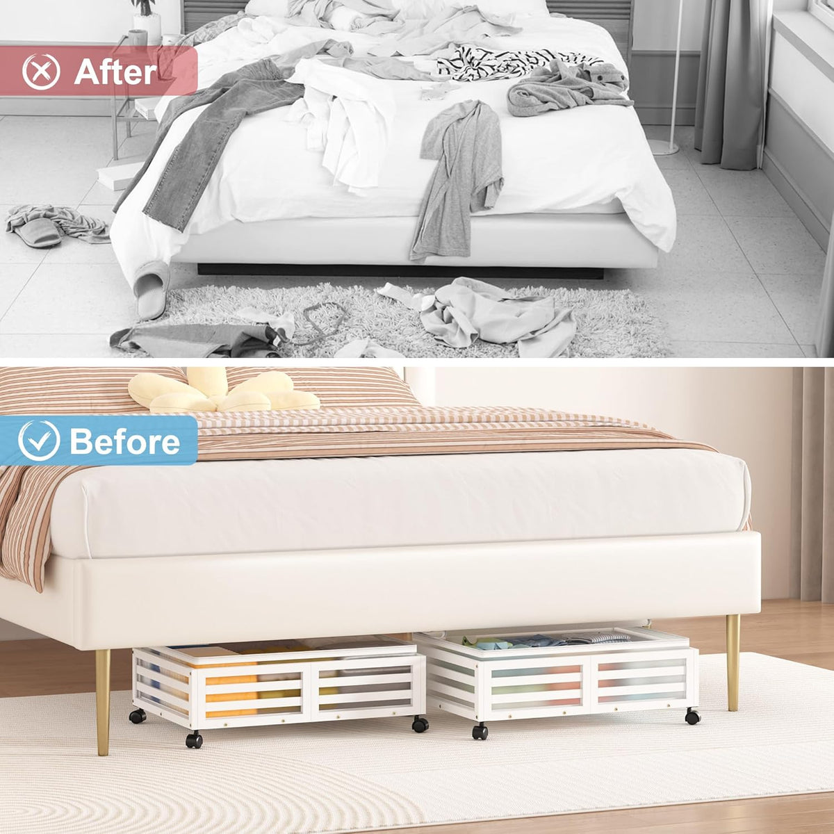 Under Bed Storage with Wheels-Large Bamboo Underbed storage Containers with Large Dust Bag