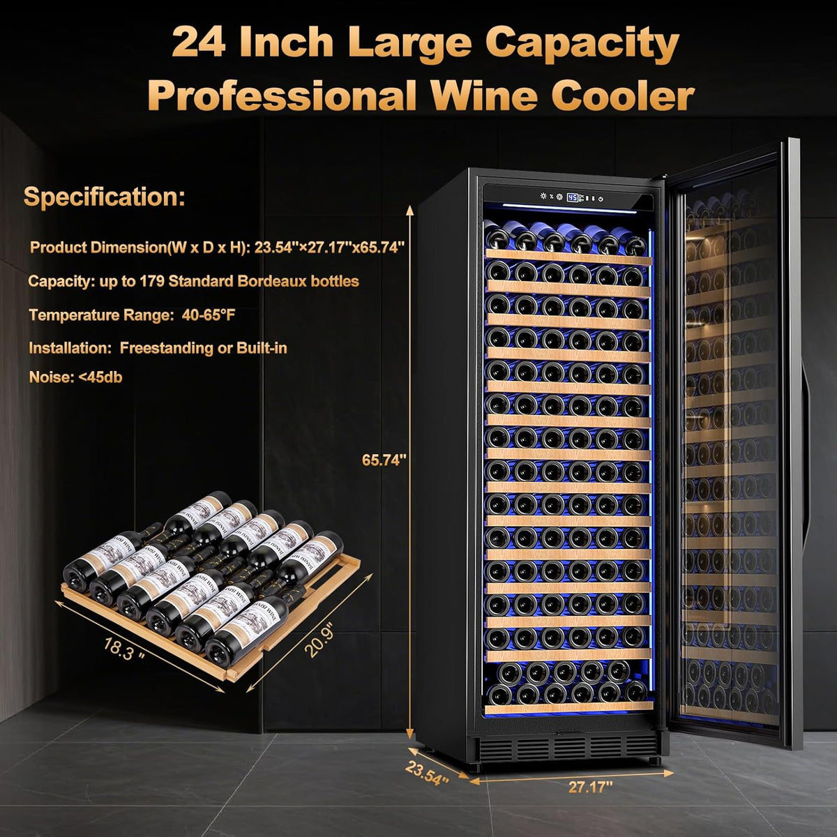 24 Inch Wine Cooler Refrigerator,179 Bottles Wine Fridge Large Capacity Professional Wine Cellars