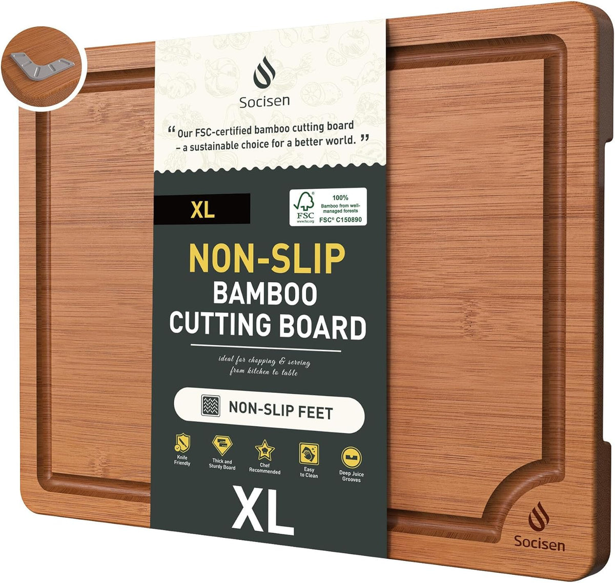 Extra Large Bamboo Cutting Board with Non Slip Feet and Over Sink Butcher Block Chopping Board