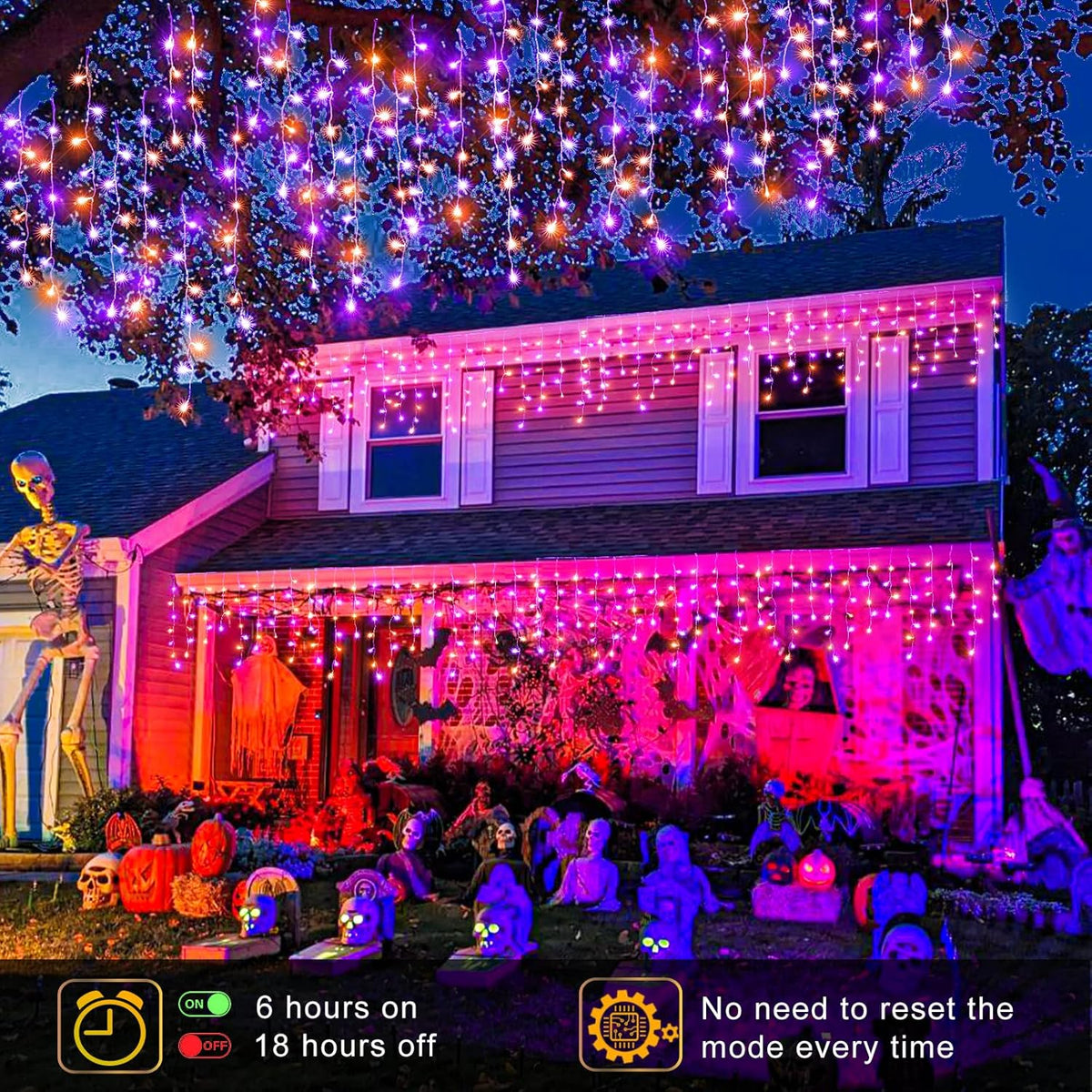 Orange and Purple Halloween Lights Outdoor, 33FT 400 LED Icicle Lights for Outside with Waterproof