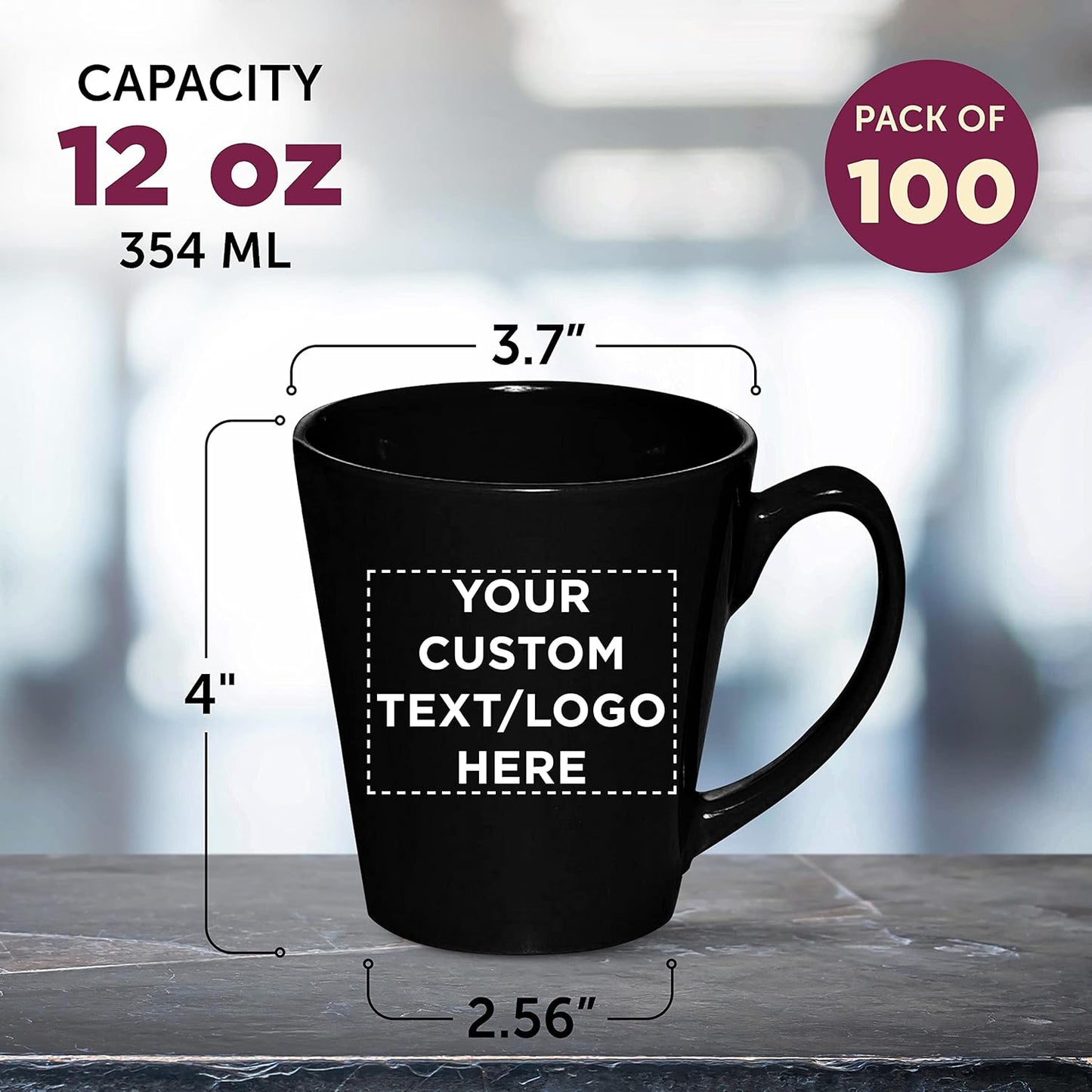 DISCOUNT PROMOS Custom Glossy Ceramic Latte Coffee Mug 12 oz. Set of 100, Personalized Bulk Pack