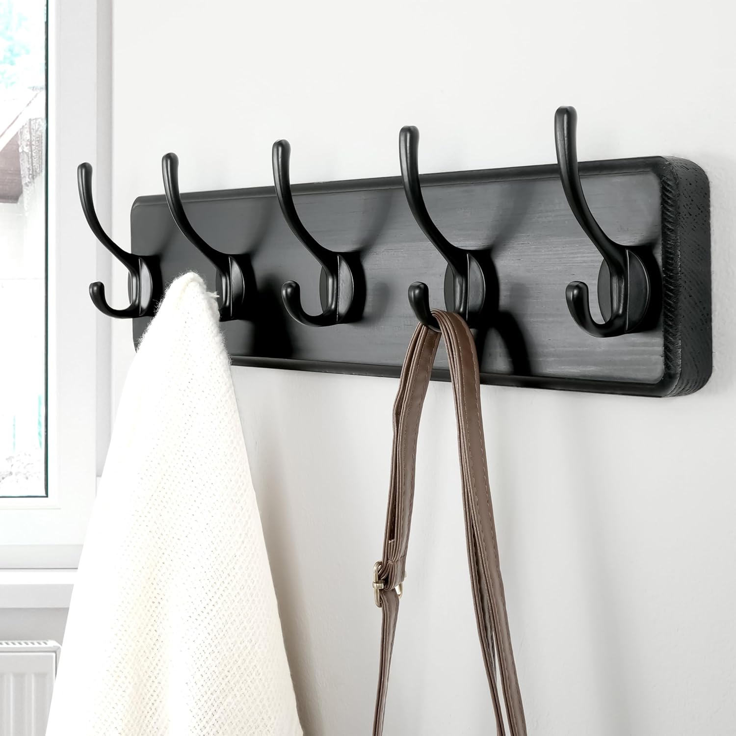 Dseap Coat Rack Wall Mount: Modern, Patented, Heavy-Duty, 17.4" Long 5-Double-Hooks Wooden Hanger