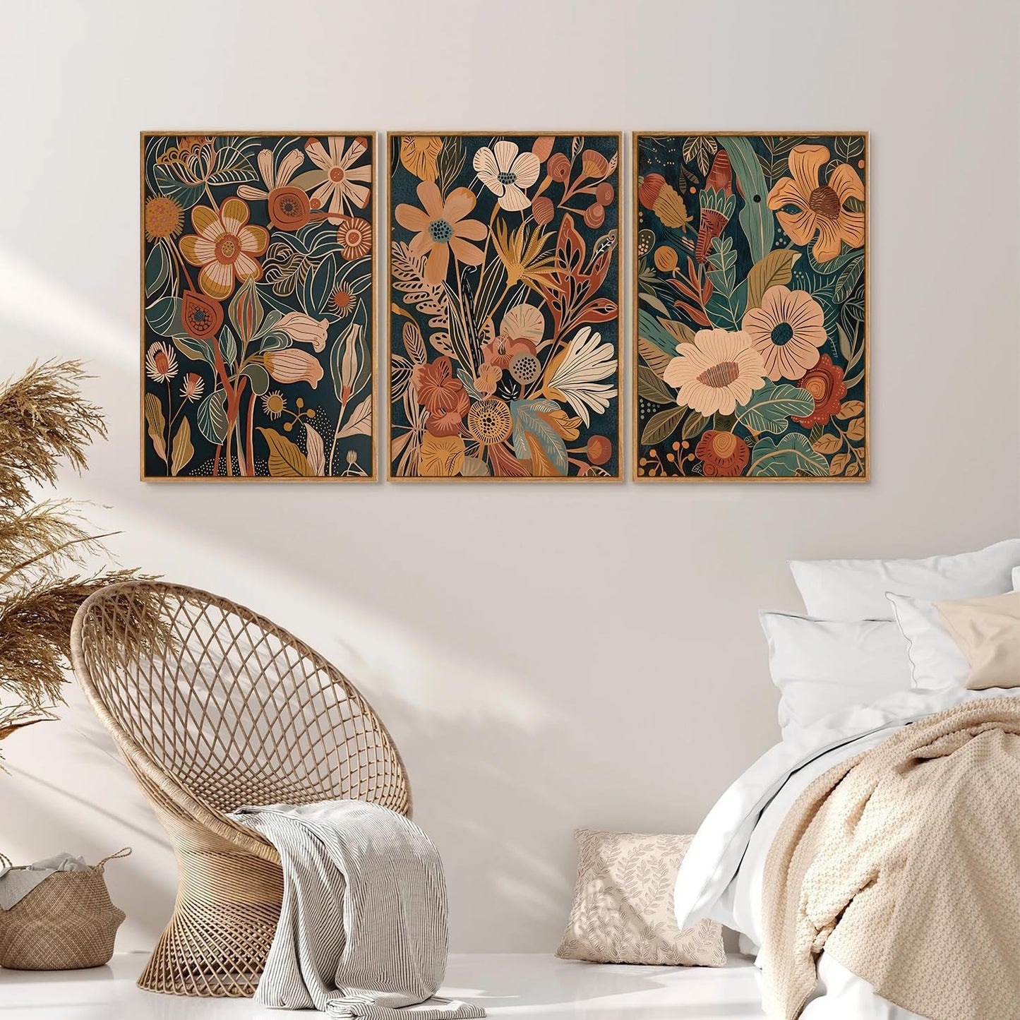 Tinonedraw Vintage Burnt Orange Floral Framed Canvas Wall Art Set of 3, Boho Chic Flower Artwork