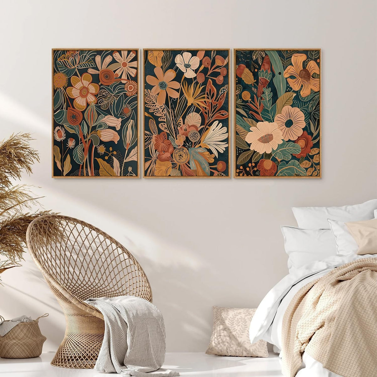 Tinonedraw Vintage Burnt Orange Floral Framed Canvas Wall Art Set of 3, Boho Chic Flower Artwork