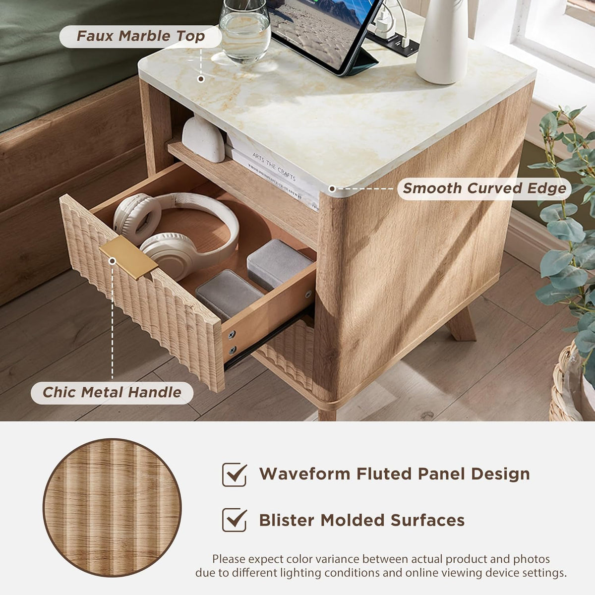 T4TREAM Fluted Nightstand with Charging Station, 18" Modern Side Table with Faux Marble Top, 2