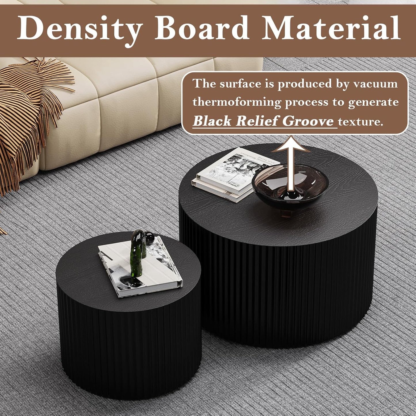 Round Nesting Coffee Table Black Round Fluted Coffee Table Set of 2 for Living Room Small Circle