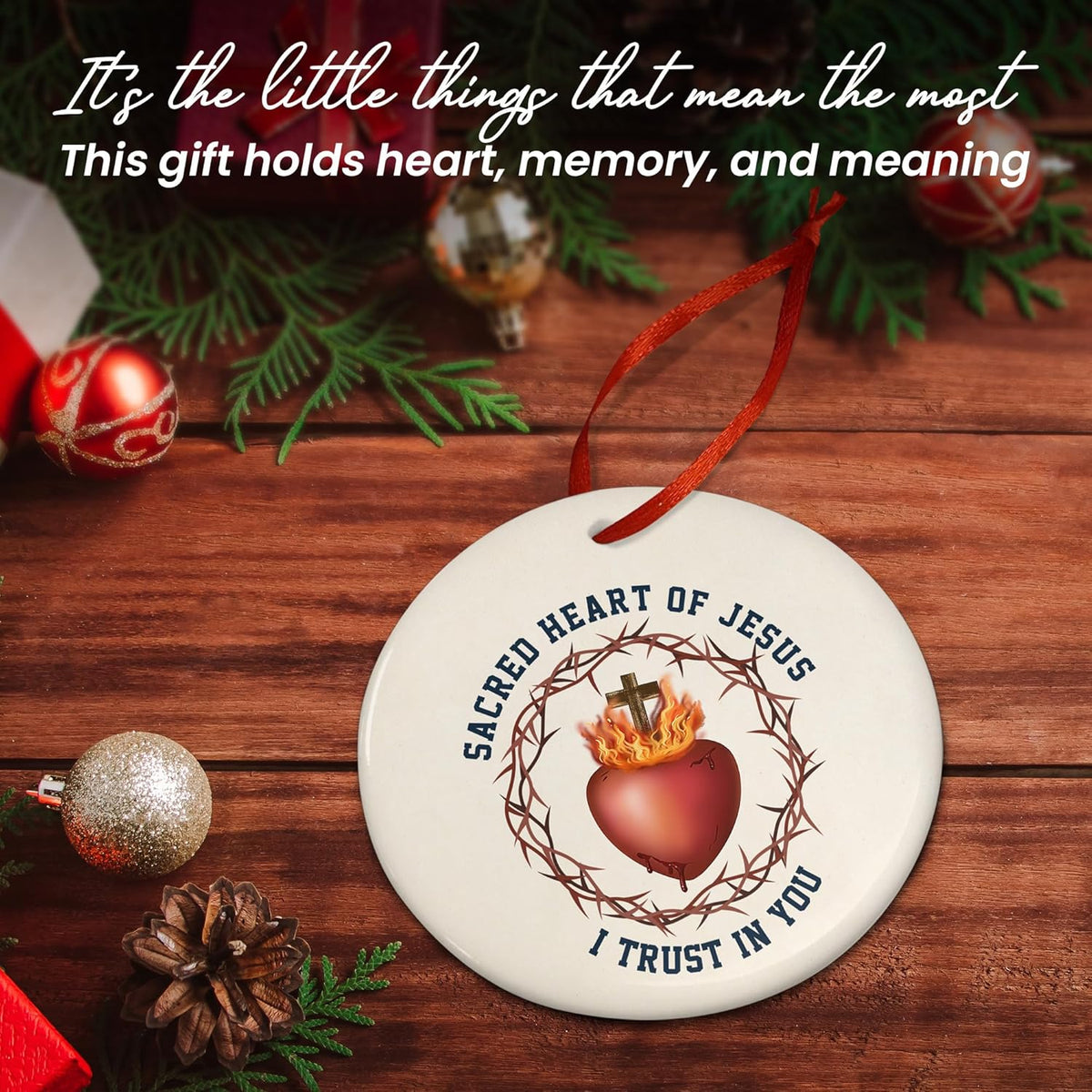 FLAGWIX Christian Gifts for Women Men - Sacred Heart Ceramic Christmas Ornaments 2025 for Tree