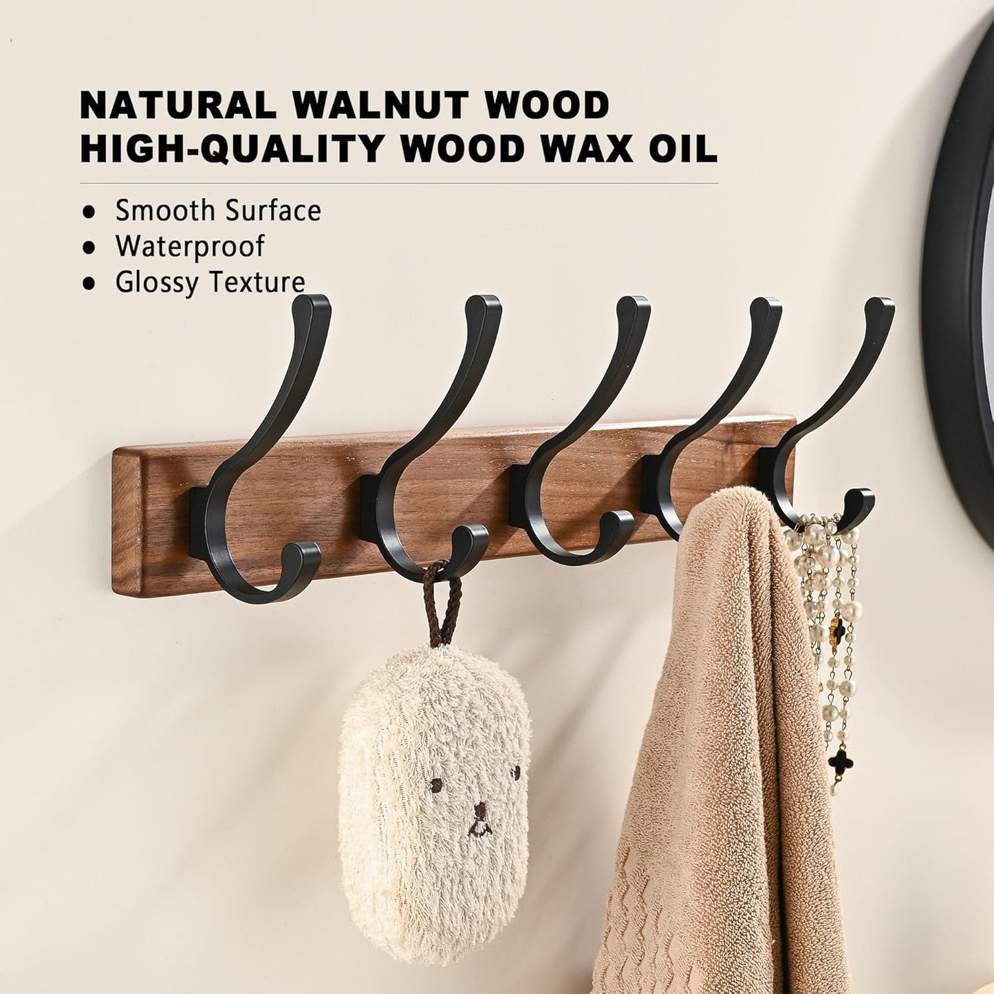 2 Pack 17.3" Small Wooden Coat Rack Wall Mounted with 5 Hooks, Entryway Wall Hooks Coat Hanger for