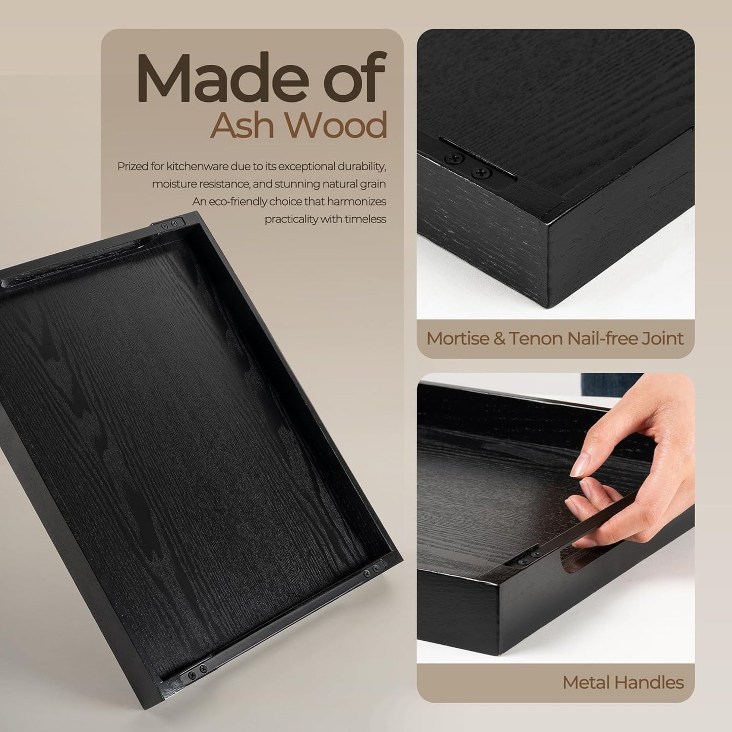 Axeman Wooden Serving Tray with Metal Handles|Ottoman Tray for Breakfast, Bed, Couch|17x13in Ash
