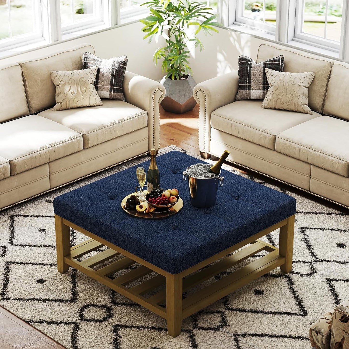 Large Square Ottoman Coffee Table, Linen Solid Upholstered Footrest Ottoman with Solid Wood Shelf