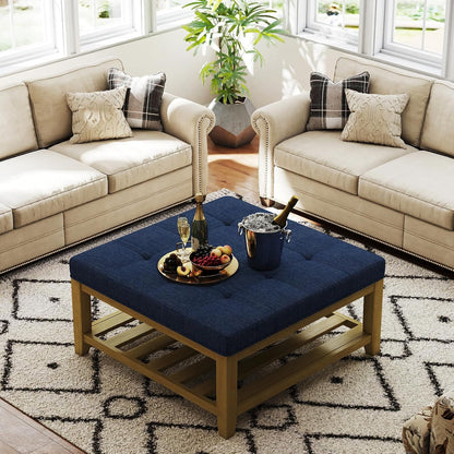 Large Square Ottoman Coffee Table, Linen Solid Upholstered Footrest Ottoman with Solid Wood Shelf