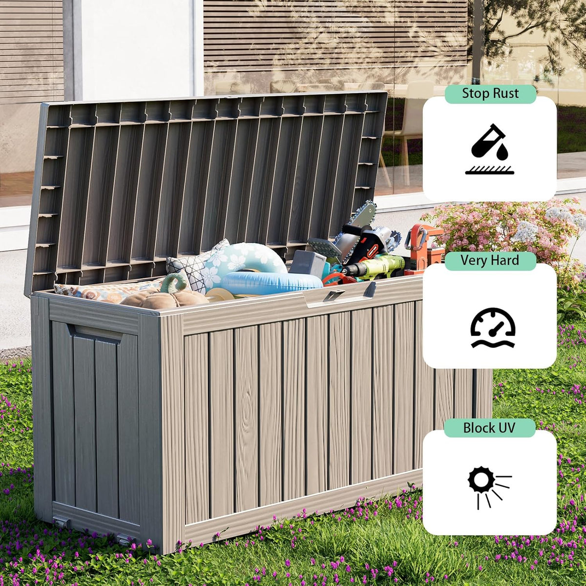 Vixzen 85 Gallon Resin Deck Box, Lockable Outdoor Storage Box for Patio Cushions Storage
