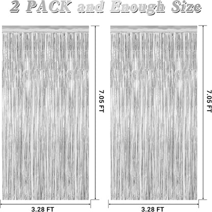 2 Pack Tinsel Backdrop, 3.28 FT x 7.05 FT Birthday Party Decorations, Silver Party Streamer Fringe