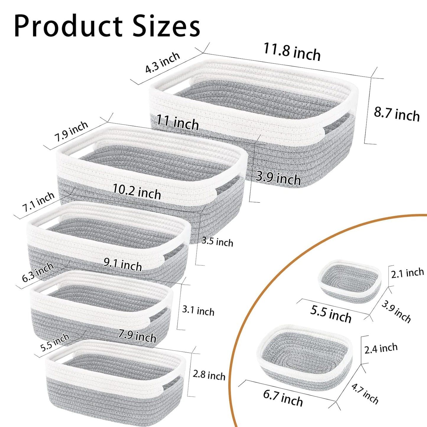 7 Piece Cotton Rope Woven Basket Set - Small Basket for Baby Nursery, Pets, Montessori, Dog & Cat