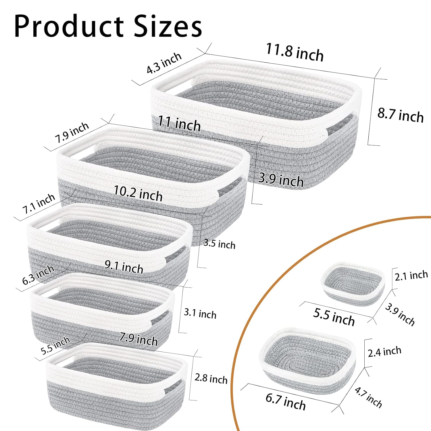 7 Piece Cotton Rope Woven Basket Set - Small Basket for Baby Nursery, Pets, Montessori, Dog & Cat