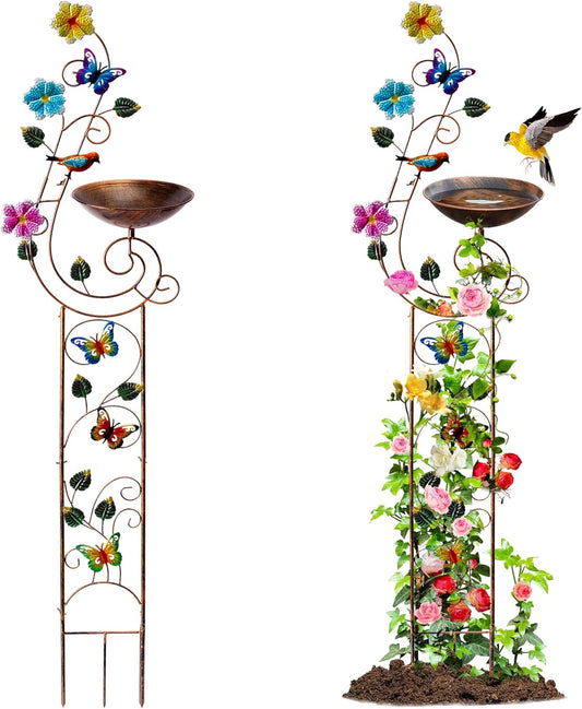 57" Height Metal Bird Bath with Trellis for Outdoor, Vintage Decorative Bird Baths, Small Garden