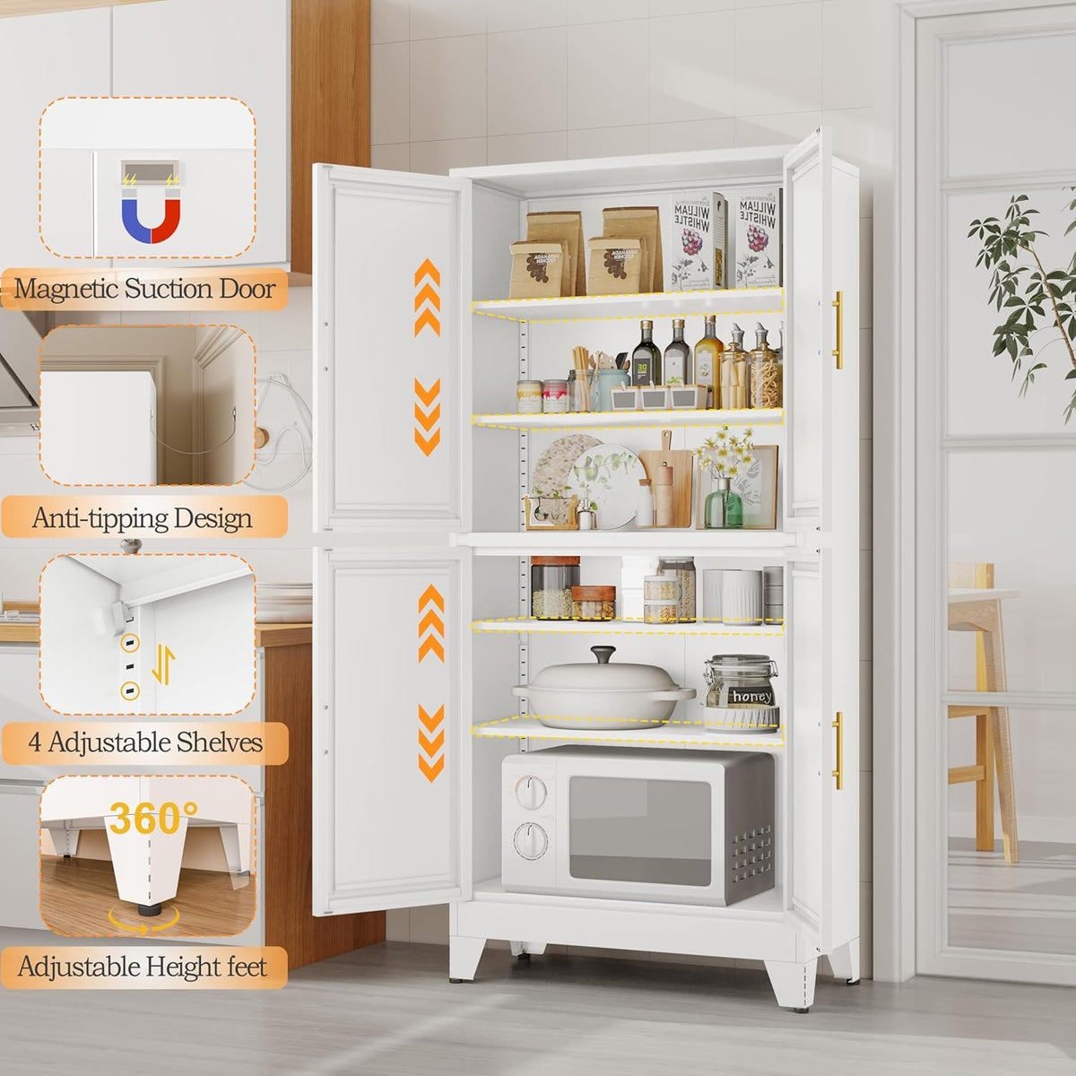 75.2" Tall Metal Pantry Cabinet, Kitchen Pantry Storage Cabinets with 4 Door and 4 Adjustable