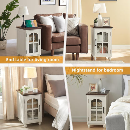 Narrow Side Table,Farmhouse Nightstand with Charging Station,Wood End Table with Glass Barn Door