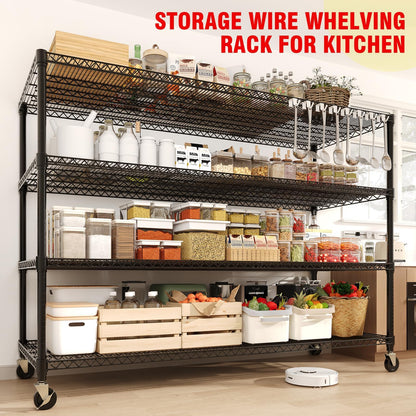 Metal Storage Shelving with Wheels, 4 Tiers Heavy Duty Rolling Storage Shelves with Adjustable Wire