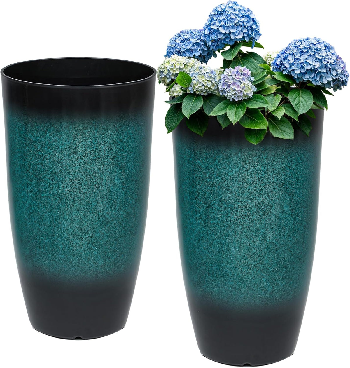 Tall Outdoor Planters, Set of 2 Large Flower Pots for Outdoor Plants, with Gradient Turquoise