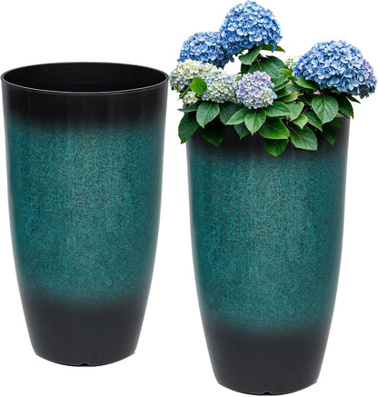 Tall Outdoor Planters, Set of 2 Large Flower Pots for Outdoor Plants, with Gradient Turquoise