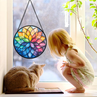 Stained Glass Window Hanging, Colorful Flower Petals Sun Catchers Diamond Glass Panel Hangings