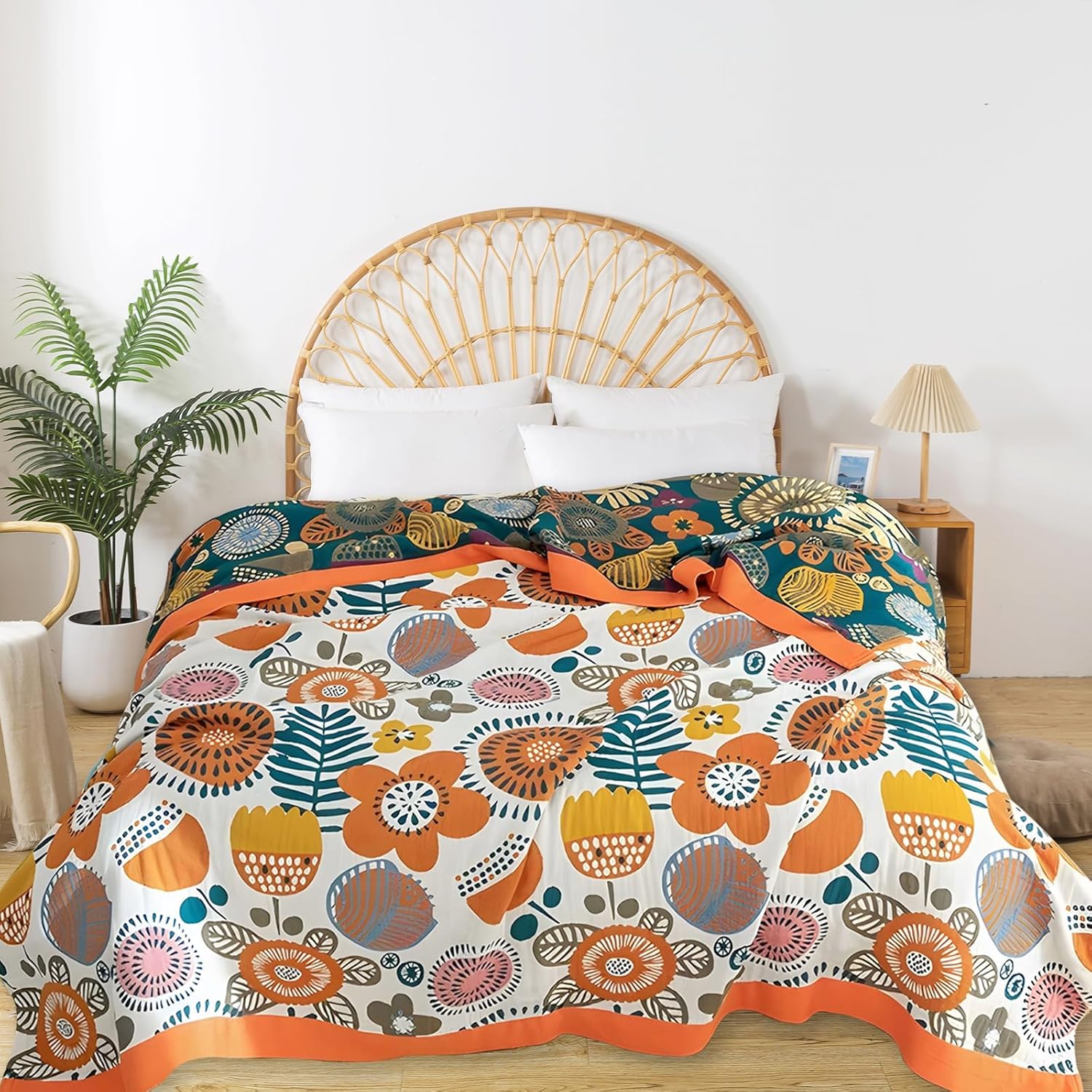 Boho Throw Blanket for Bed - 100% Pure Cotton Ultra Soft Rustic Quilt - Farmhouse Decor Bed