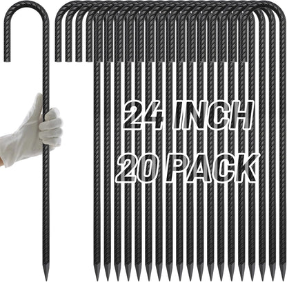 AAGUT 24Inch Rebar Stakes 20Pcs Heavy Duty 1/2 Inch J Hook Fence Anchors Curved Steel Garden Stake