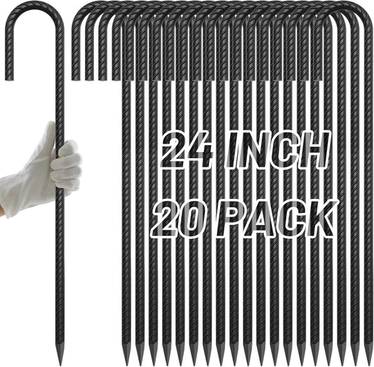 AAGUT 24Inch Rebar Stakes 20Pcs Heavy Duty 1/2 Inch J Hook Fence Anchors Curved Steel Garden Stake