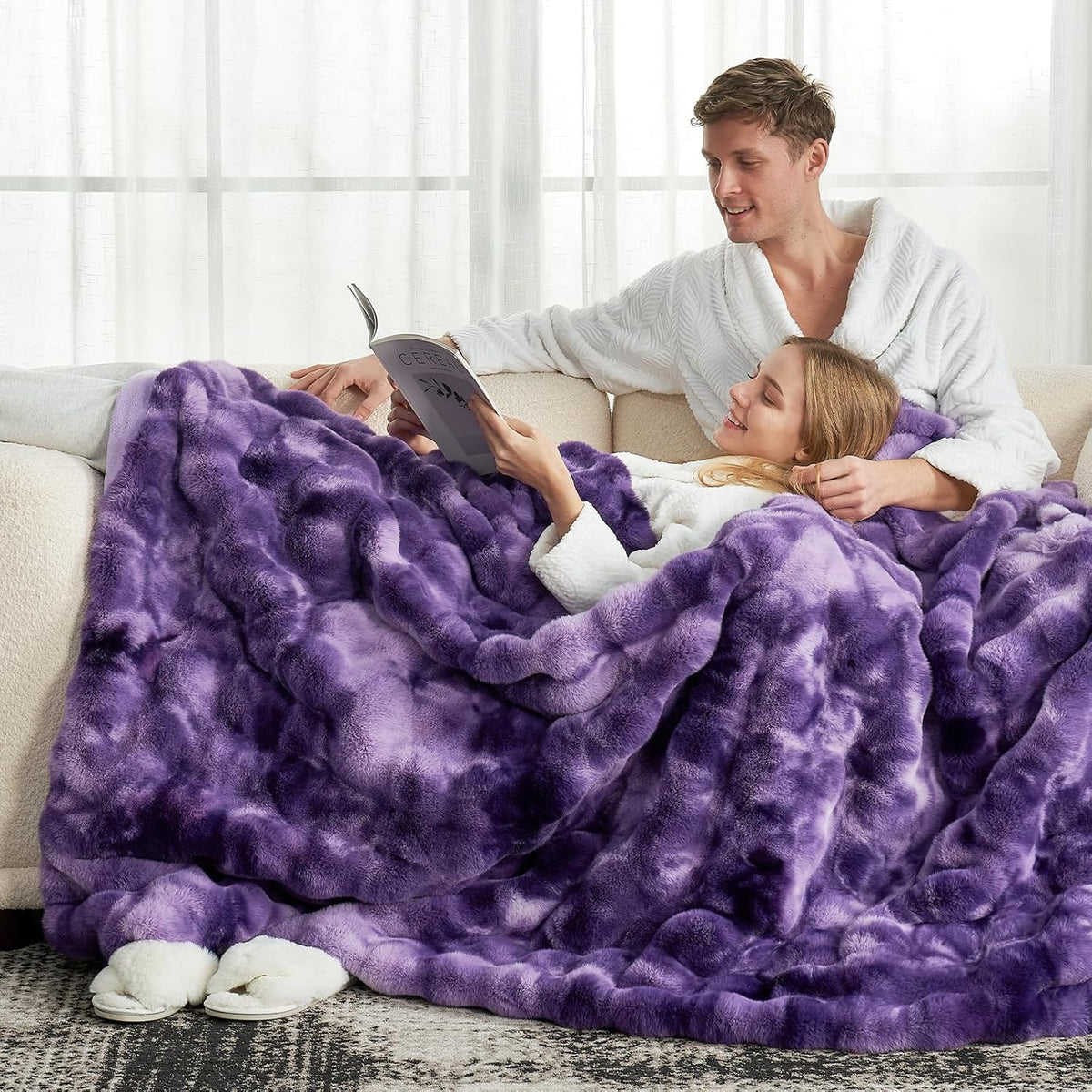 Cozy Bliss Faux Fur Throw Blanket for Couch, Fuzzy Soft Plush Thick Bubble Blanket for Sofa Bedroom
