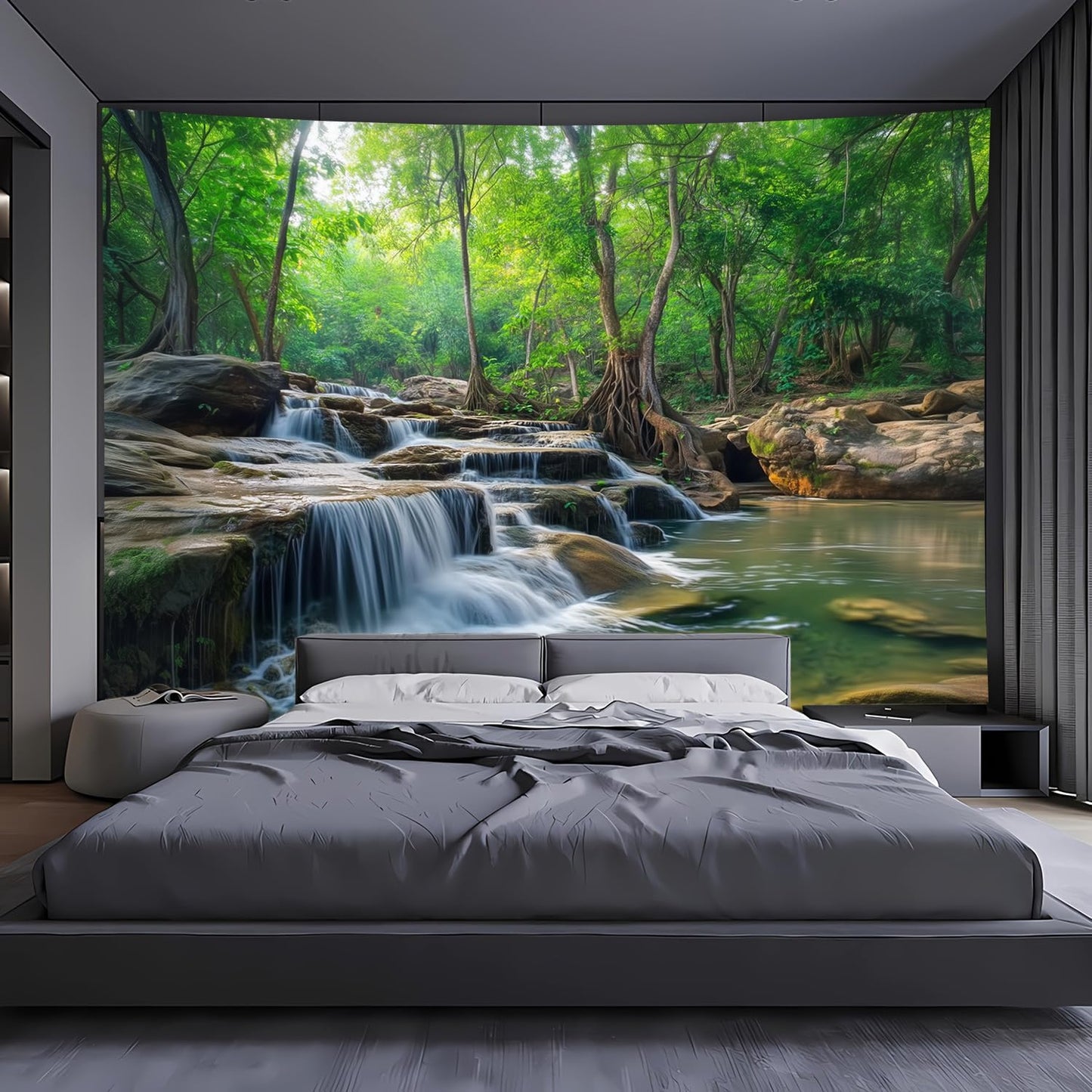 BSFHH Nature Tapestry Forest Tree Sea Cave Wall Hanging, Stream Through Rainforest Landscape Wall